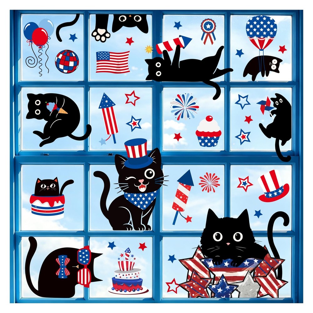 6 Sheets Patriotic Window Clings American Flag Star Firework Black Cat Window