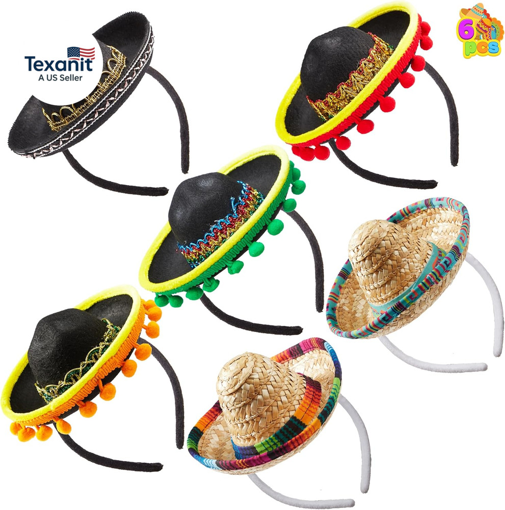 6 PCS Cinco De Mayo Fiesta Fabric and Straw Sombrero Headbands Party Costume for