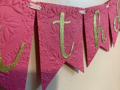 Happy Birthday Pink Embossed Banner Bunting, with Gold Glitter Letters