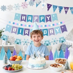 7 Pcs Happy Birthday Banner, Blue Banner with Snow Triangle Tassel Snowflake