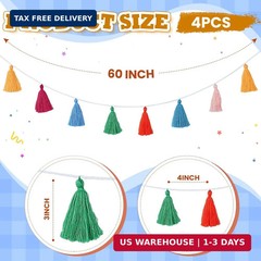4 Pcs Rainbow Tassel Garland Party Decor, Colorful Boho Wall Hanging Banner for