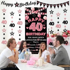 40th Birthday Decorations – 9 Pcs Rose Gold & Black Banner, Glitter Garland & Fl