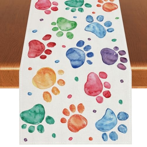 Watercolor Colorful Paw Prints Table Runner Happy Birthday Multi Color
