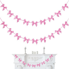 2 Pack Pink Bow Garland Banner Pre-Strung, Coquette Birthday Decorations Satin R