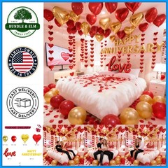 Romantic Anniversary Decorations with Red Hearts, Balloons & Silk Rose Petals