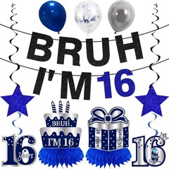 11Pcs 16th Birthday Decorations for Boys Men, Blue Sliver Happy 16th Birthday…