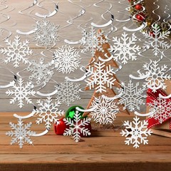 30 Pcs Winter Snowflake Hanging Swirl Decorations White Silver Christmas Glitter