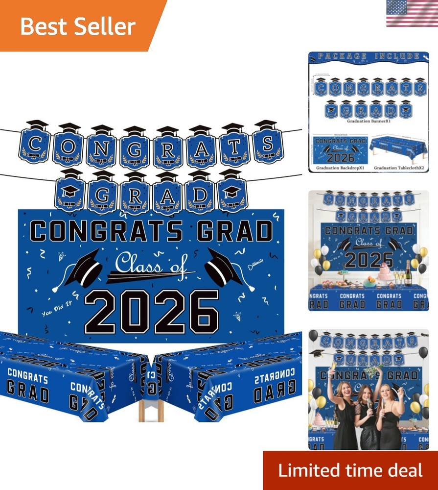 Graduation Decorations 2026 – Blue Congrats Grad Banner Backdrop Tablecloth S…