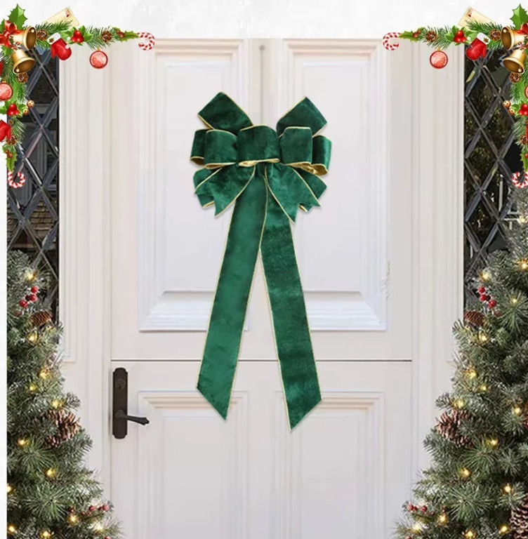 1pc 60CM Christmas Bow Wire Trimmed Flannelette Retro Ribbon Bow-Knot Pendant