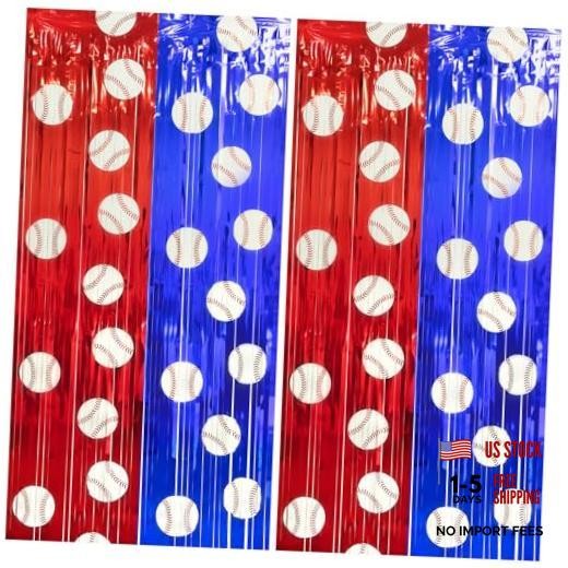 Baseball Party Decorations, Thickened Tinsel Backdrop 3.3 x 6.6 Red Blue White