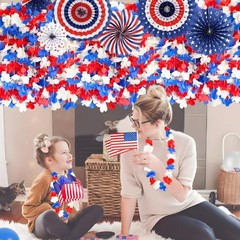 40 PCS Red White and Blue Flower Leis & Flags – Perfect 4th of July Favors