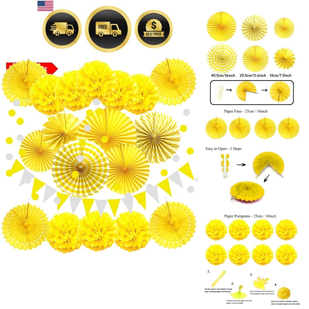Party Decoration, 21 Pcs Yellow Hanging Paper Fans Pom Poms Flowers, Garlands…
