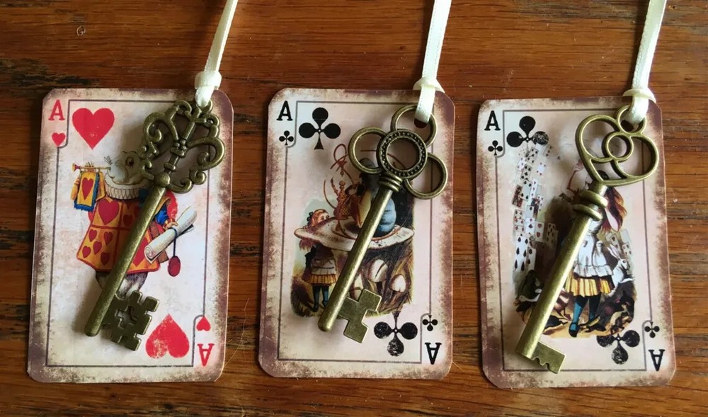 12 ALICE IN WONDERLAND SHOWER BIRTHDAY PARTY FAVORS BRASS KEY SILK RIBBON