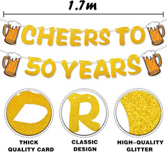 Cheers to 50 Years Banner with Beer Mugs –Gold Glitter Pre-Strung 50Th Birthday