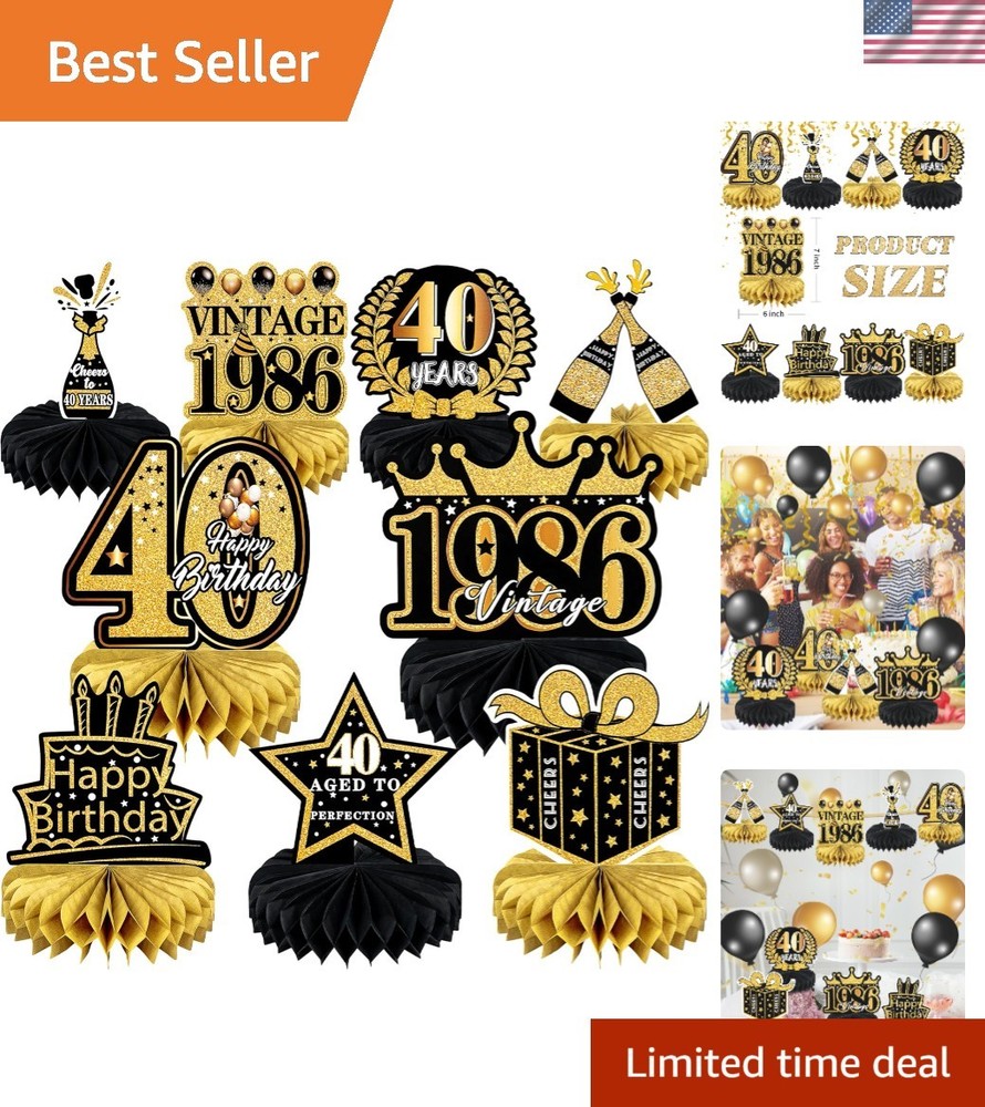 Elegant 40th Birthday Decorations – 9-Pc Black & Gold Honeycomb Centerpieces