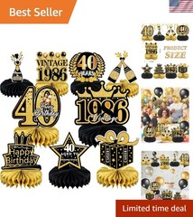 Elegant 40th Birthday Decorations – 9-Pc Black & Gold Honeycomb Centerpieces