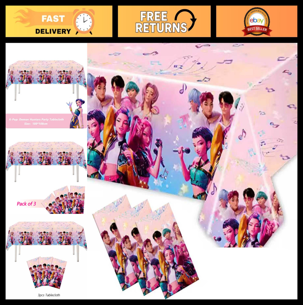3PCS Waterproof Pink Cartoon Tablecloths – Demon Hunters Birthday Party Supplies