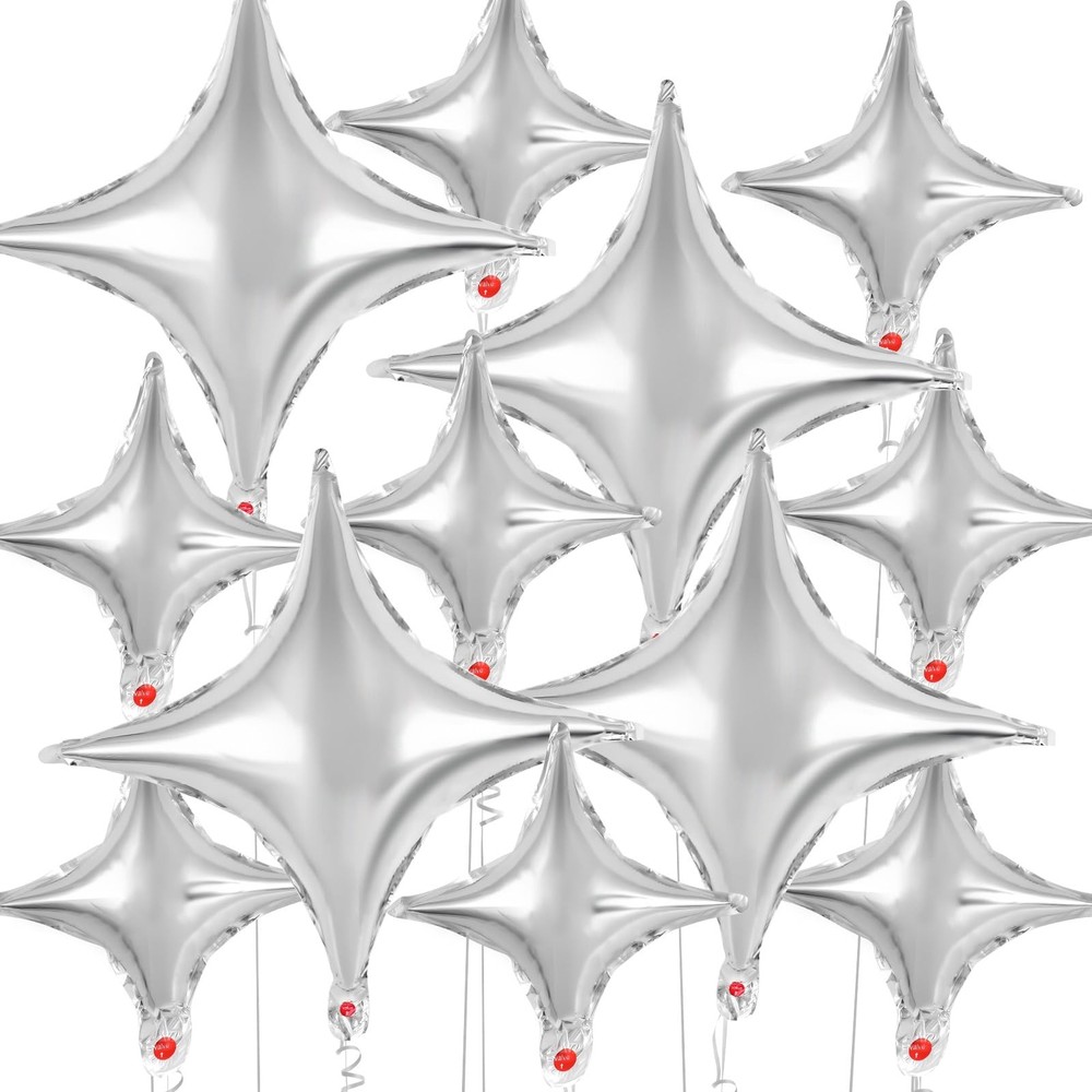 12 Pcs Four Angle Star Balloons, 26 Inch & 10 Inch Silver Star Foil Balloons …