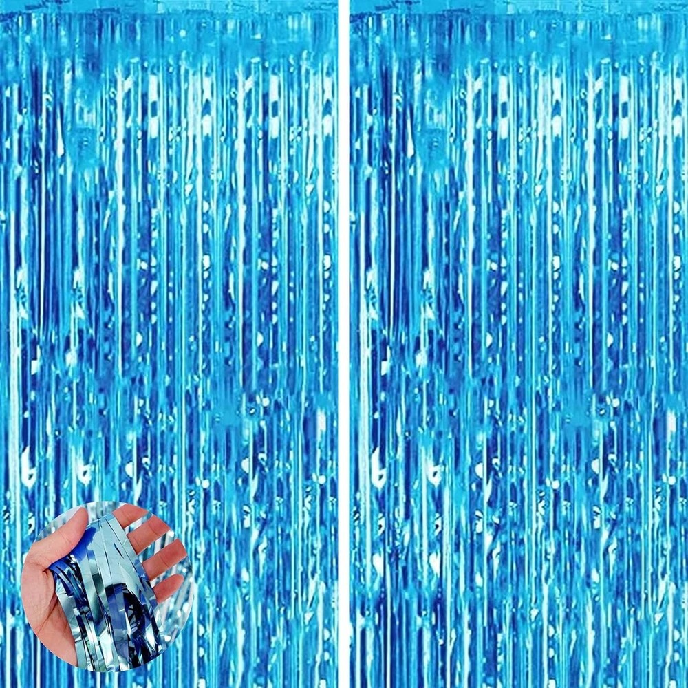 2 Pieces 3.2ftx6.5ft Light Blue Foil Curtain Decoration British Party Props New