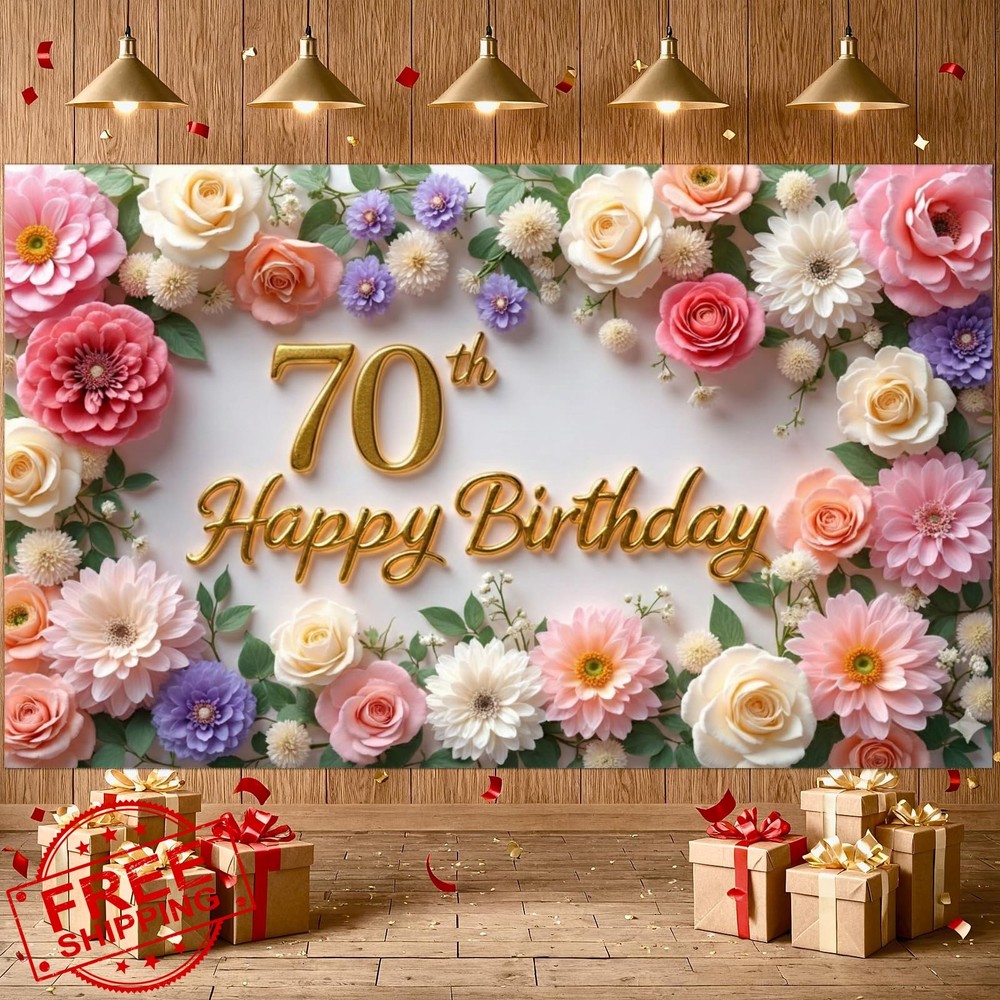 Flower 70th Birthday Banner Decorations for Women Pink Roses Floral Happy 70t…