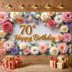 Flower 70th Birthday Banner Decorations for Women Pink Roses Floral Happy 70t…
