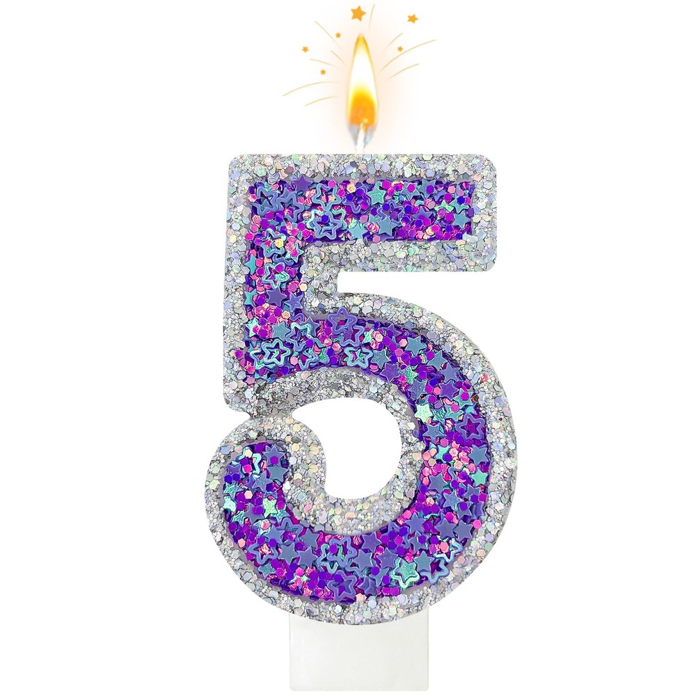 Lurevian K-pop Number 5 Birthday Candle, Star Glitter Filled 5, silver-purple