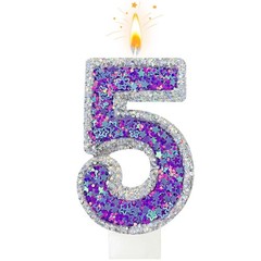 Lurevian K-pop Number 5 Birthday Candle, Star Glitter Filled 5, silver-purple