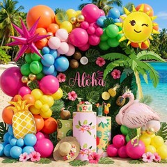 Flamingo Tropical Balloon Set Hot Pink Orange Yellow Green Blue Gold Decor