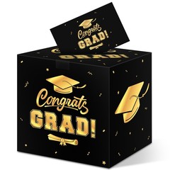Graduation Decorations 2026 Card Box, Black Gold Congrats Grad Paper Gift Crad B