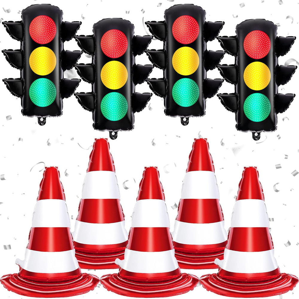 9 Pcs Racing Traffic Balloon Decoration, Traffic Cone and Light Balloons, Transp