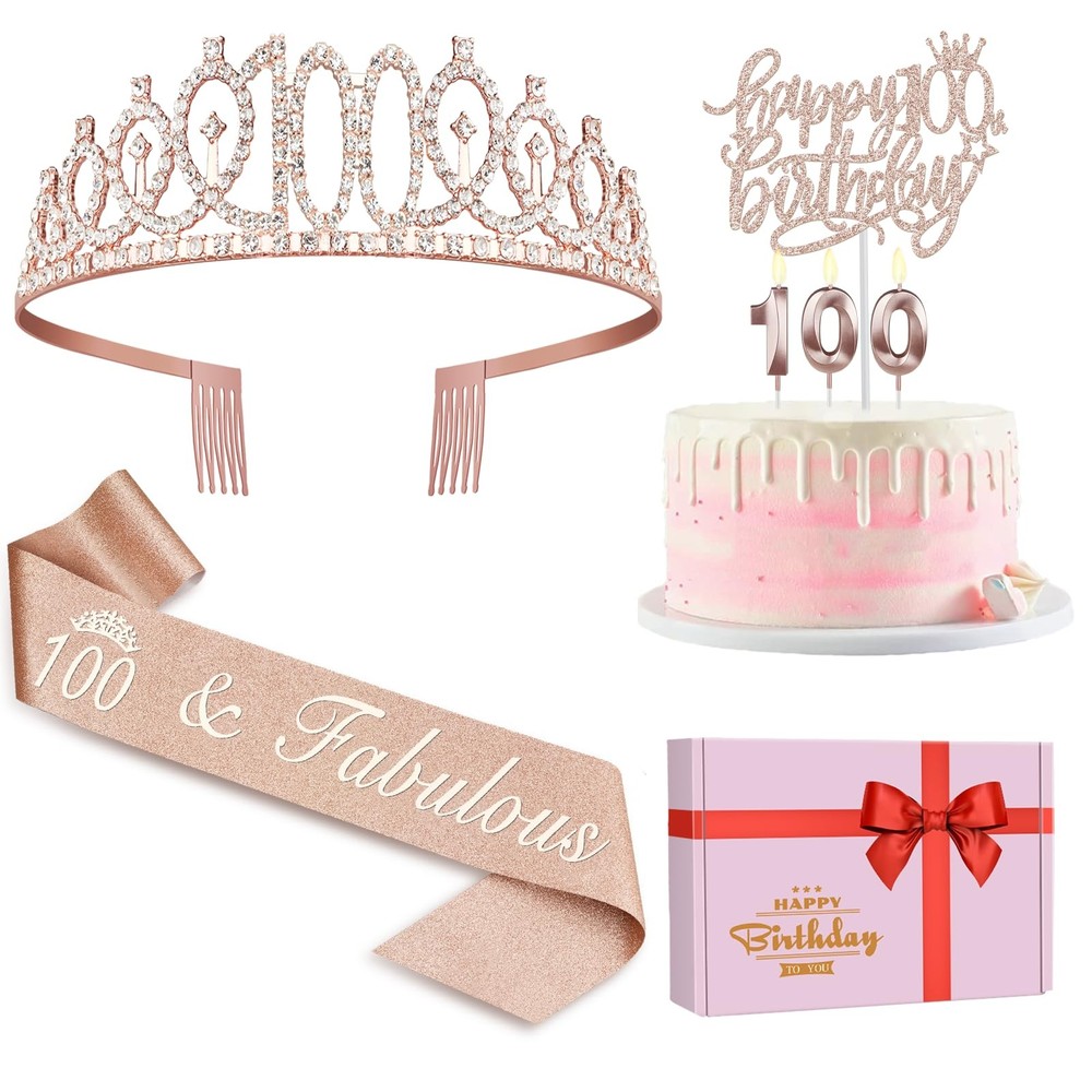 100th Birthday Decorations Women, Including Crown/Tiara, Rose Gold