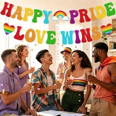 Happy Pride Love Wins Banner – Pre-Strung Rainbow LGBTQ Decorations for Schoo…