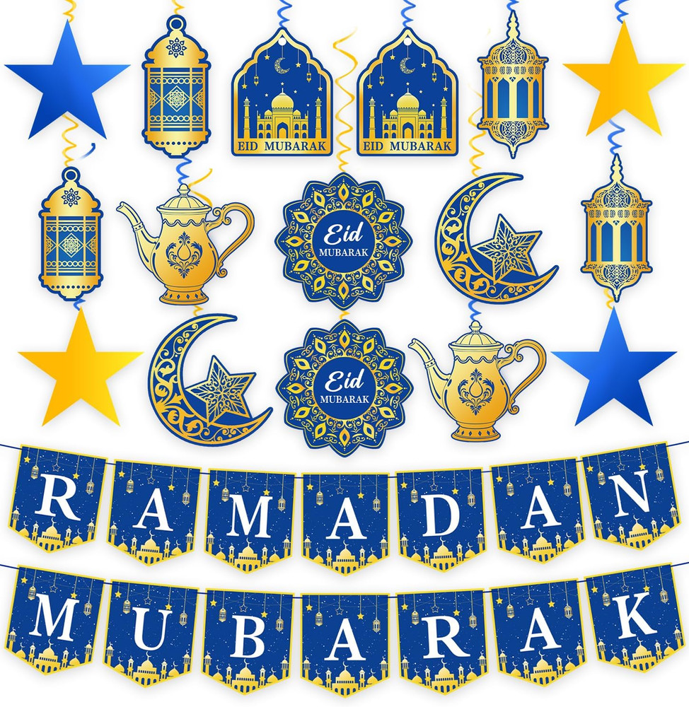 34Pcs Ramadan Decorations Pre-Assembled Mubarak Eid Kareem Muslim Banner Hanging