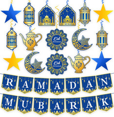 34Pcs Ramadan Decorations Pre-Assembled Mubarak Eid Kareem Muslim Banner Hanging