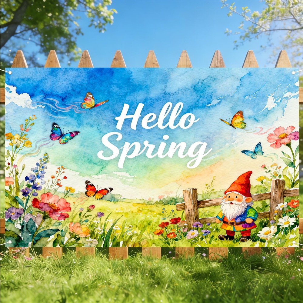 Hello Spring Banner – Watercolor Floral & Gnome Style – 71×43 Inches Polyeste…