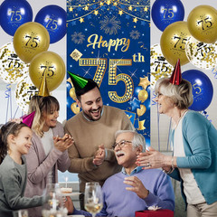 75th Birthday Party Decorations for Men Navy Blue Gold Happy 75th Birthday Banne