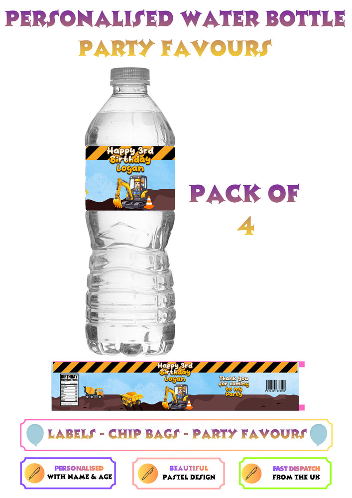 Personalised Construction Water Bottle Labels Digger Party Decorations UK