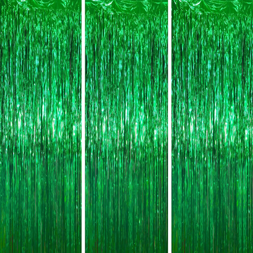 Green Foil Fringe Backdrop Curtains 3 PCS 3.3×6.6 FT Tinsel Streamers Decor