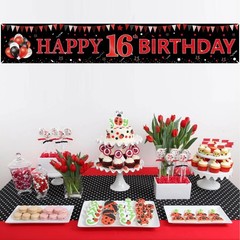 Red Black 16th Birthday Banner Decorations for 118 x 20 inches,