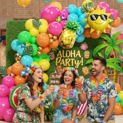 Tropical Hawaiian Summer Balloon Garland Arch Kit 152Pcs, Hot Pink Orange Yellow
