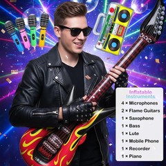 12 Pieces Inflatable Instruments Party Props Rock Star Toy Set Blow Up Guitar