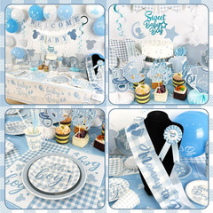 Blue Baby Shower Decorations Boy Blue Gingham Welcome Baby and Body Cloth Banner