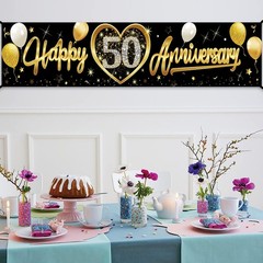 Happy 50th Wedding Anniversary Banner Decorations, Black Gold 50th Anniversar…