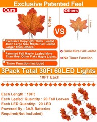 Timer&3 Pack – 30Ft Fall Decor Fall Garland with Lights Fall Decorations for