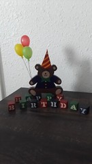 Vtg Handpainted Wood Happy Birthday Blocks & Teddy Bear Holding Balloons Decor