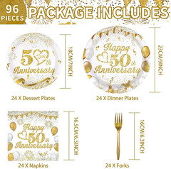 96Pcs 50Th Wedding Anniversary Decorations,Golden 50Th Anniversary Party Plates
