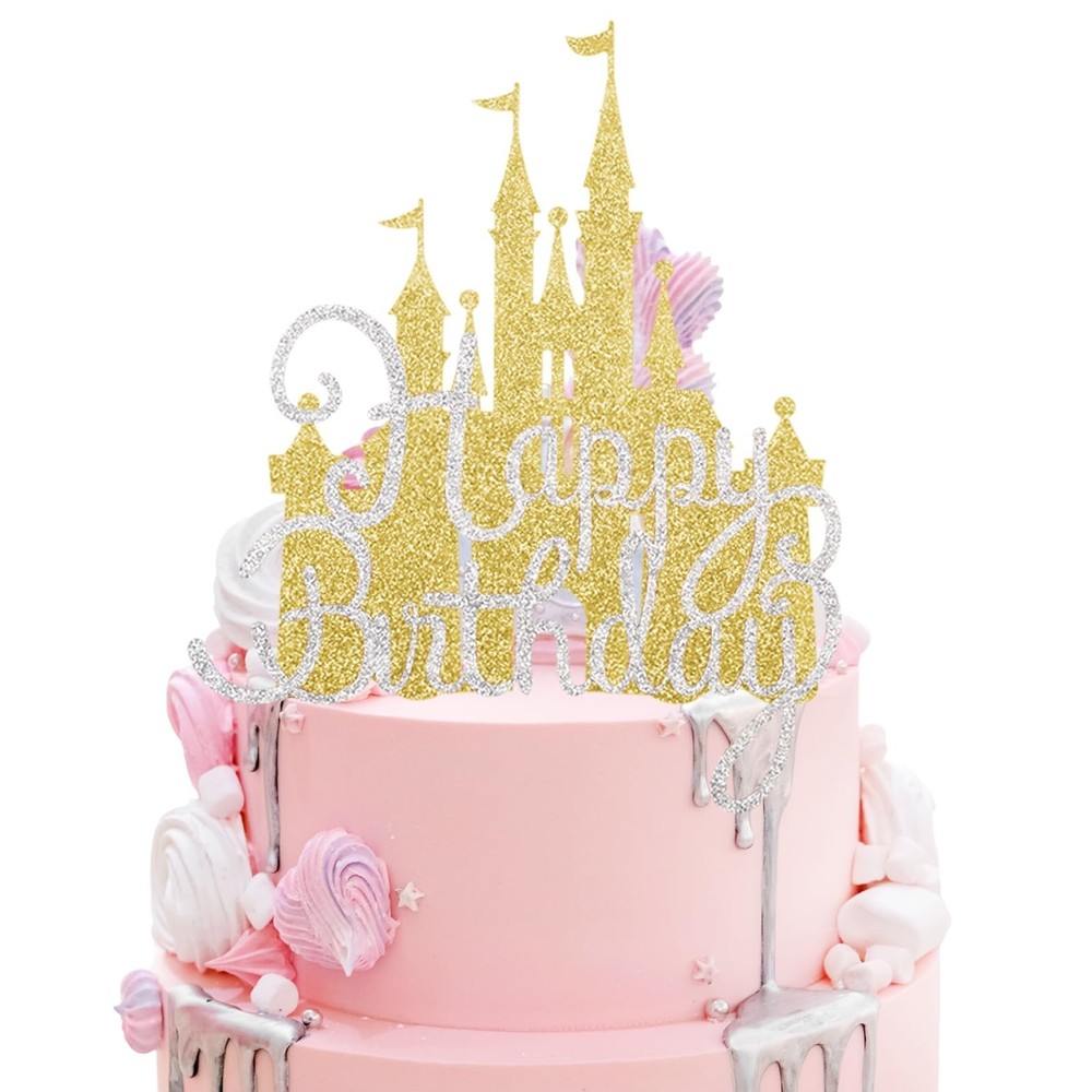 2Pcs Gold Princess Cake Toppers Silver Happy Birthday Cake Toppers Glitter Pa…