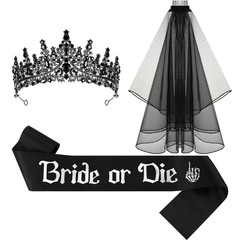 3 Pcs Gothic Bachelorette Party Set – Bride Crown, Veil & Sash for Halloween Wed