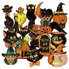 48 Pcs Vintage Halloween Cutouts Retro Pumpkin Witch Cat Cut-Outs Black Orange
