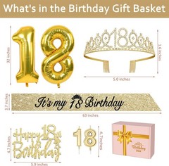 18th Birthday Decorations for Girls Gold with 18th Birthday Tiara and Sash, C…